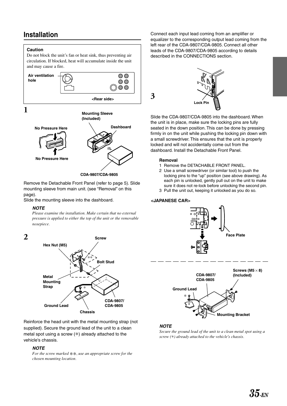 Removing trim ring, Installation | Alpine CDA-9807 User Manual | Page 37 / 41