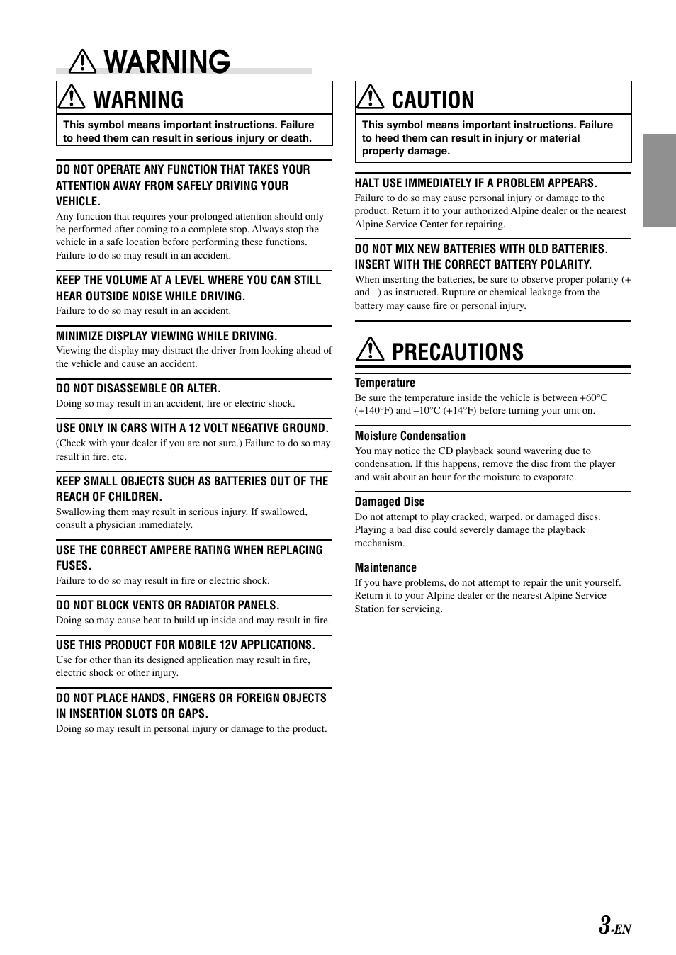 Warning, Caution, Precautions | Alpine CDA-9807 User Manual | Page 5 / 41