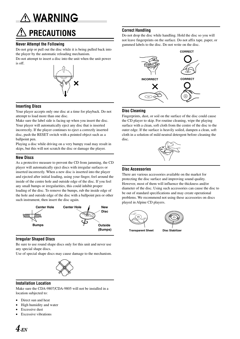 Warning, Precautions | Alpine CDA-9807 User Manual | Page 6 / 41