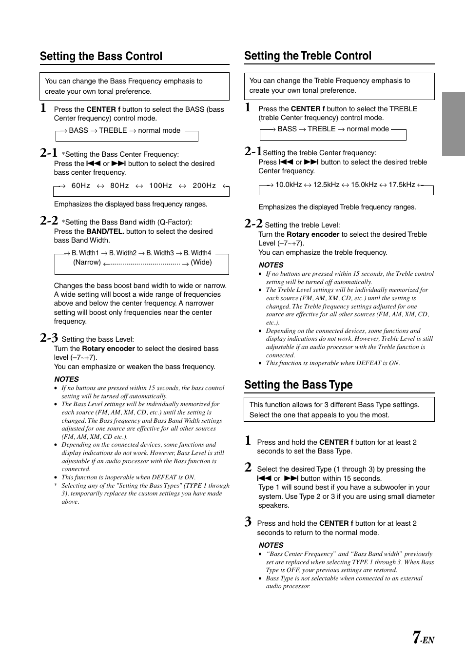 Bass / treble, Setting the bass control, Setting the treble control | Setting the bass type | Alpine CDA-9807 User Manual | Page 9 / 41