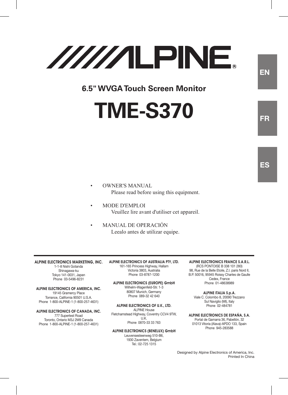 Alpine TME-S370 User Manual | 23 pages