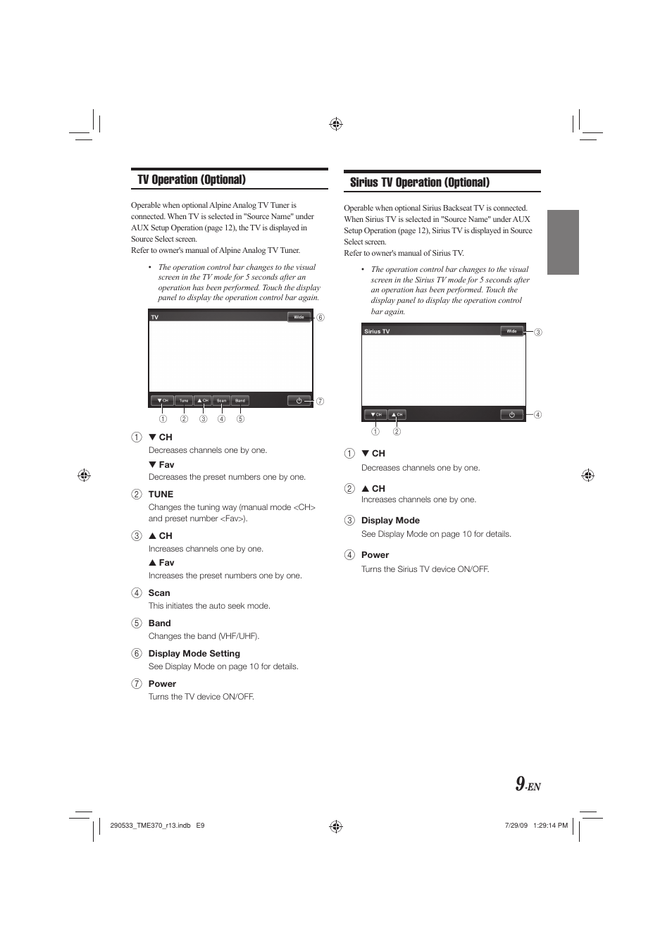 Tv operation (optional), Sirius tv operation (optional) | Alpine TME-S370 User Manual | Page 11 / 23