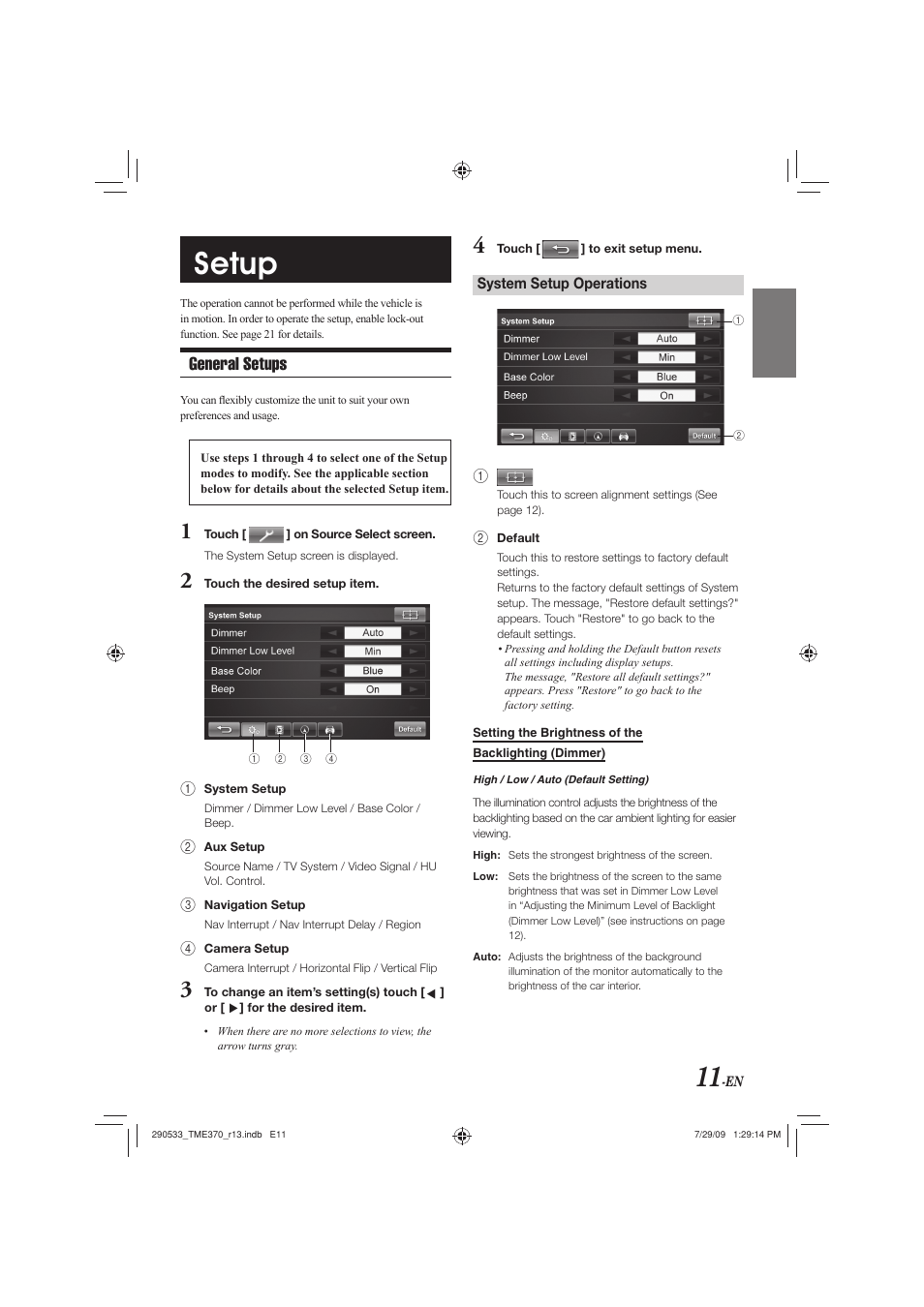 Setup, General setups | Alpine TME-S370 User Manual | Page 13 / 23