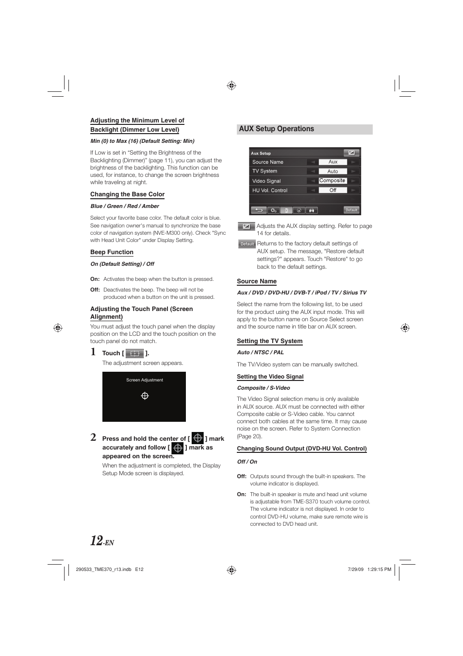 Aux setup operations | Alpine TME-S370 User Manual | Page 14 / 23