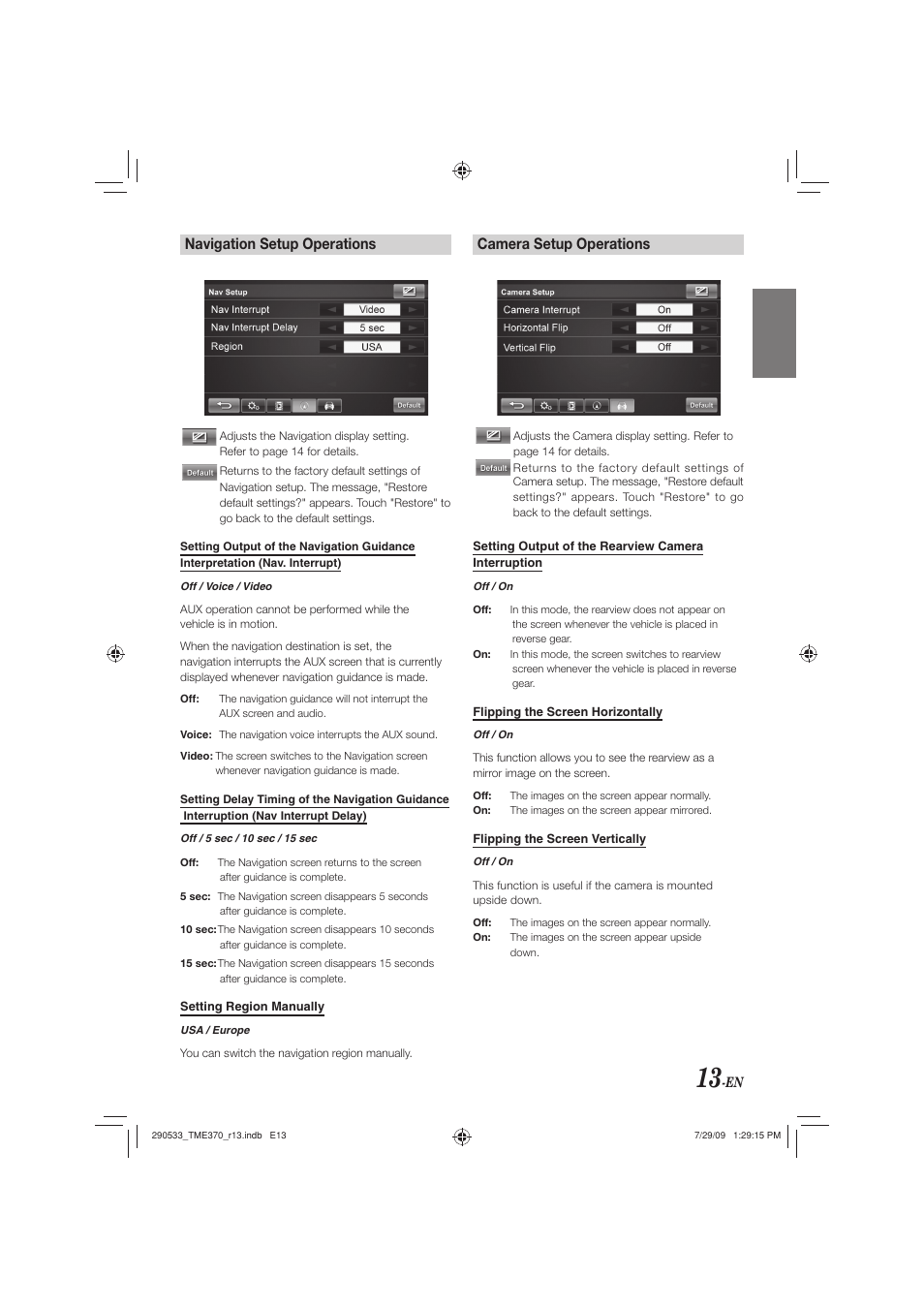 Navigation setup operations, Camera setup operations | Alpine TME-S370 User Manual | Page 15 / 23