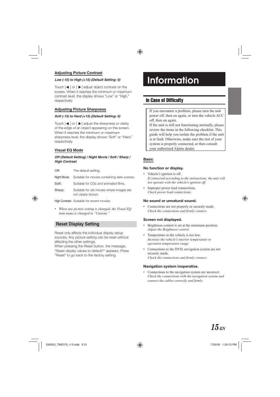 Information, Reset display setting | Alpine TME-S370 User Manual | Page 17 / 23