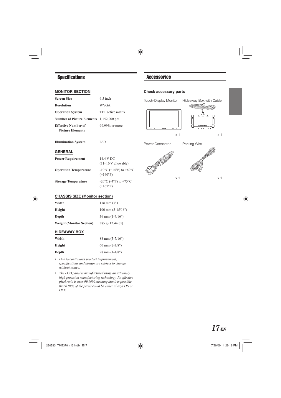 Specifi cations, Accessories | Alpine TME-S370 User Manual | Page 19 / 23