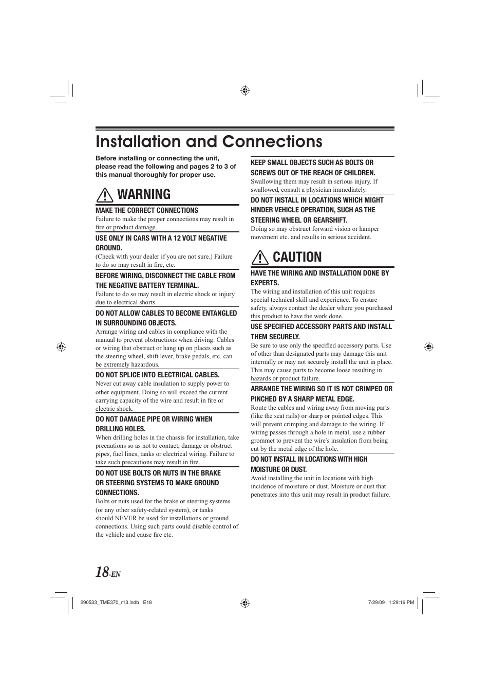 Installation and connections, Warning, Caution | Alpine TME-S370 User Manual | Page 20 / 23