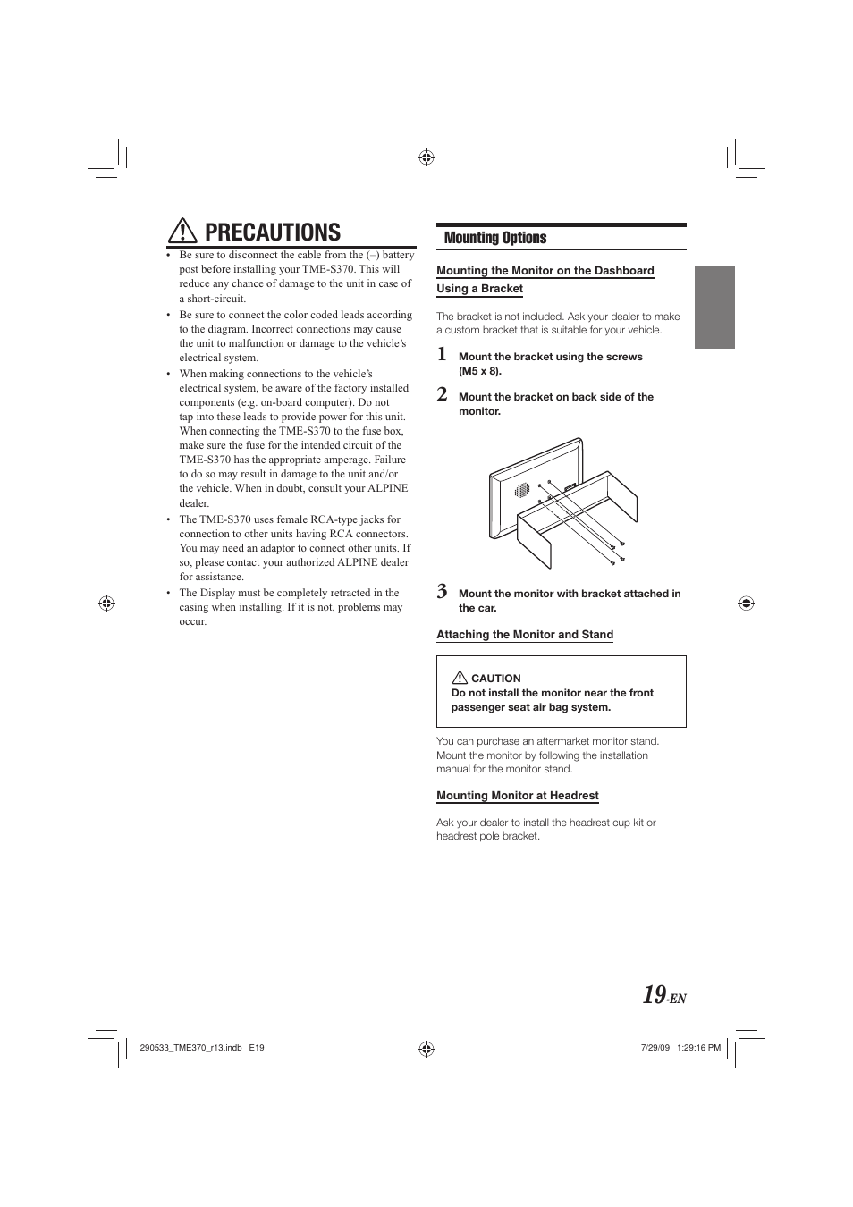 Precautions, Mounting options | Alpine TME-S370 User Manual | Page 21 / 23