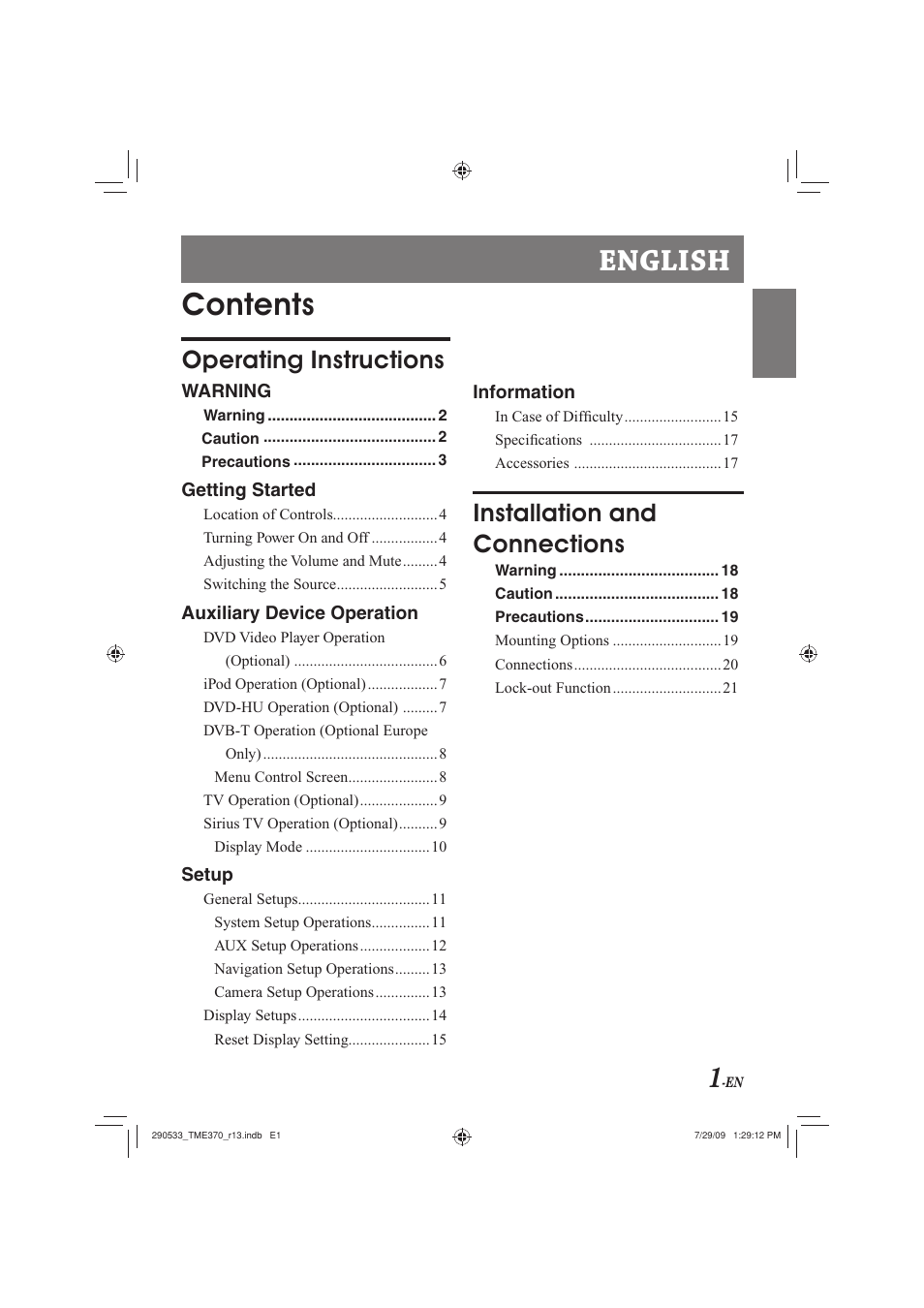 English contents, Operating instructions, Installation and connections | Alpine TME-S370 User Manual | Page 3 / 23