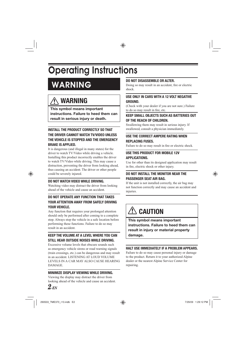 Operating instructions, Warning, Caution | Alpine TME-S370 User Manual | Page 4 / 23