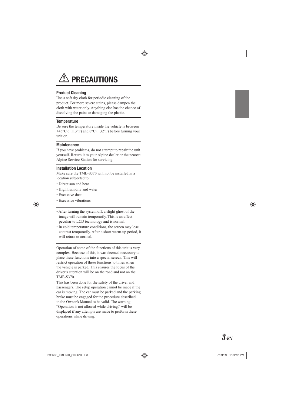 Precautions | Alpine TME-S370 User Manual | Page 5 / 23