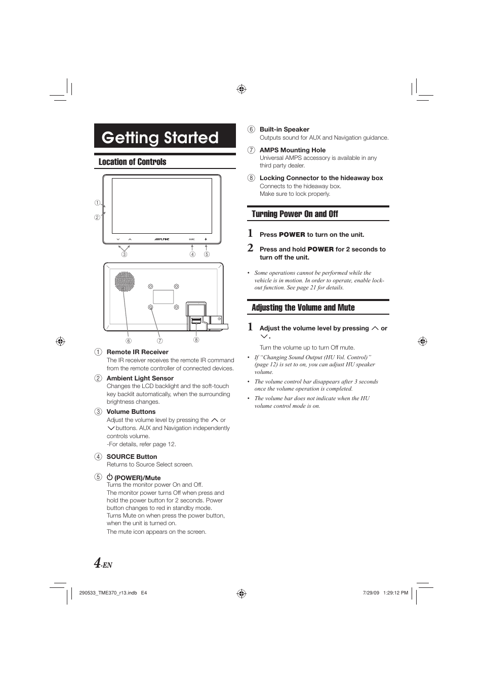 Getting started, Location of controls, Turning power on and off | Adjusting the volume and mute | Alpine TME-S370 User Manual | Page 6 / 23
