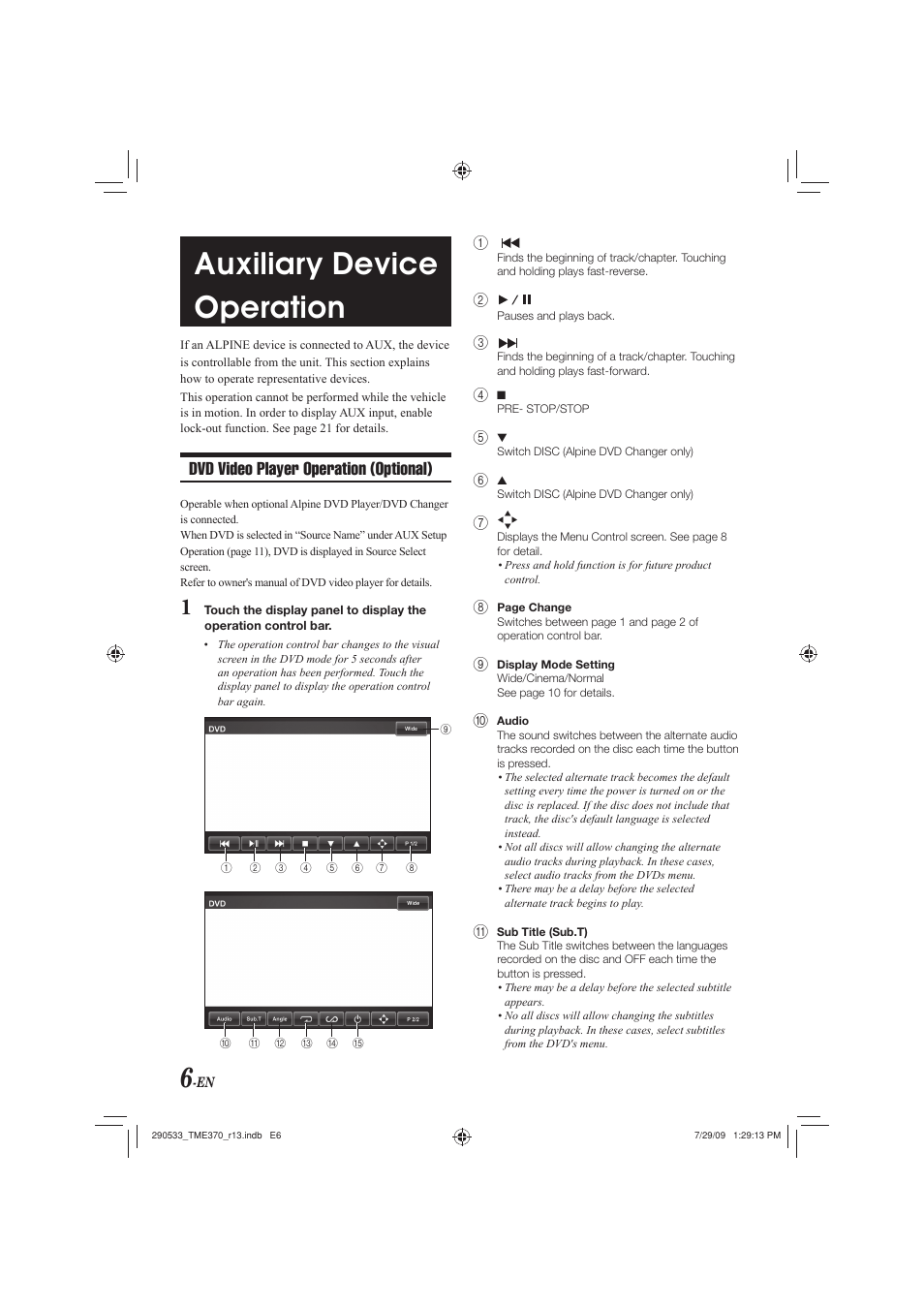 Auxiliary device operation, Dvd video player operation (optional) | Alpine TME-S370 User Manual | Page 8 / 23