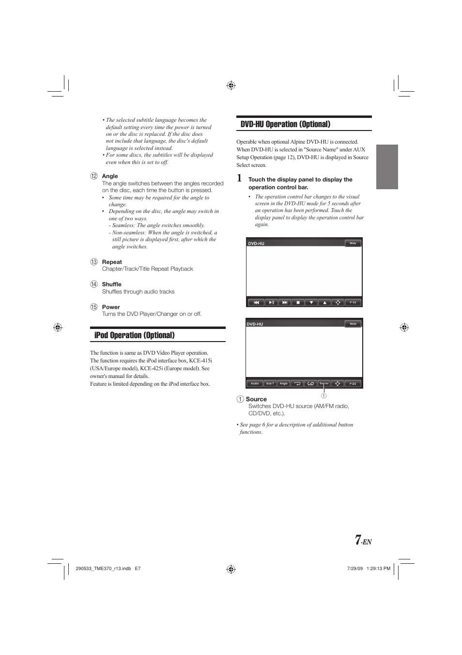 Ipod operation (optional), Dvd-hu operation (optional) | Alpine TME-S370 User Manual | Page 9 / 23