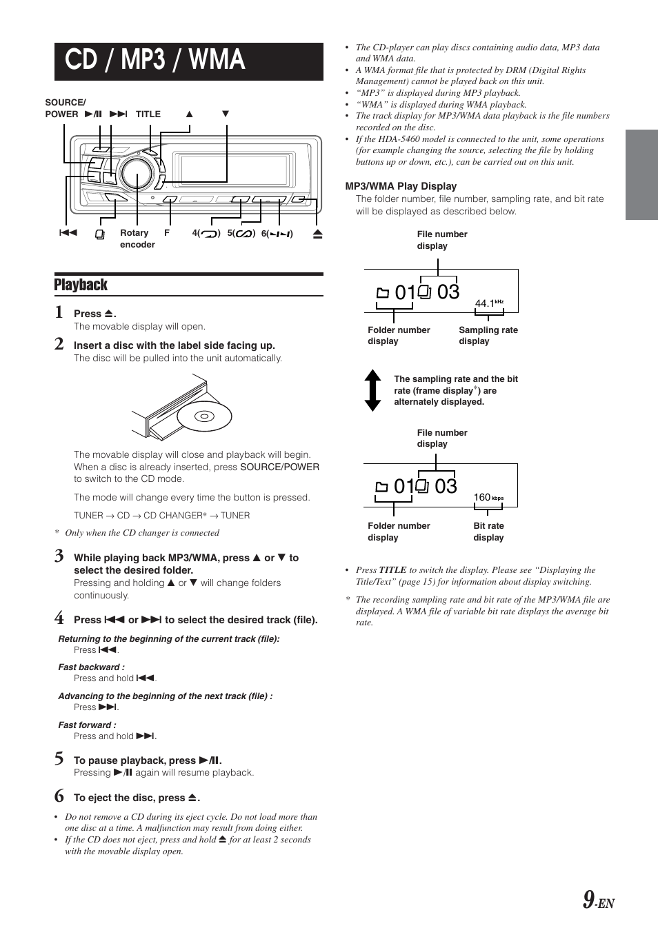 Cd / mp3 / wma, Playback | Alpine CDA-9851 User Manual | Page 10 / 103
