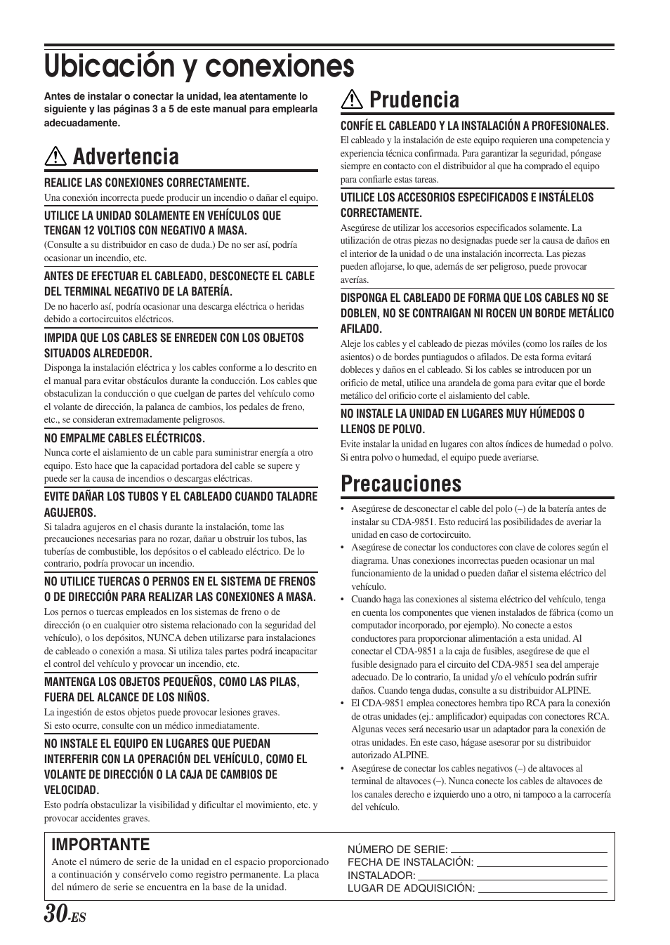 Ubicación y conexiones, Advertencia, Prudencia | Precauciones, Importante | Alpine CDA-9851 User Manual | Page 100 / 103
