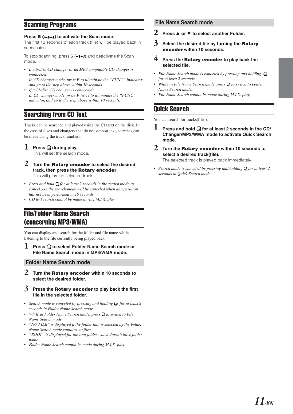 Scanning programs, Searching from cd text, File/folder name search (concerning mp3/wma) | Quick search | Alpine CDA-9851 User Manual | Page 12 / 103