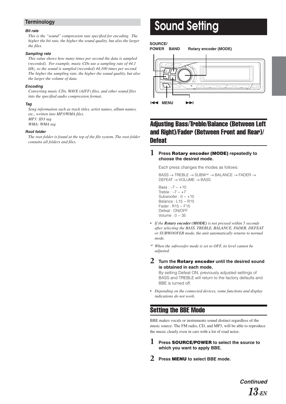 Sound setting, Setting the bbe mode | Alpine CDA-9851 User Manual | Page 14 / 103
