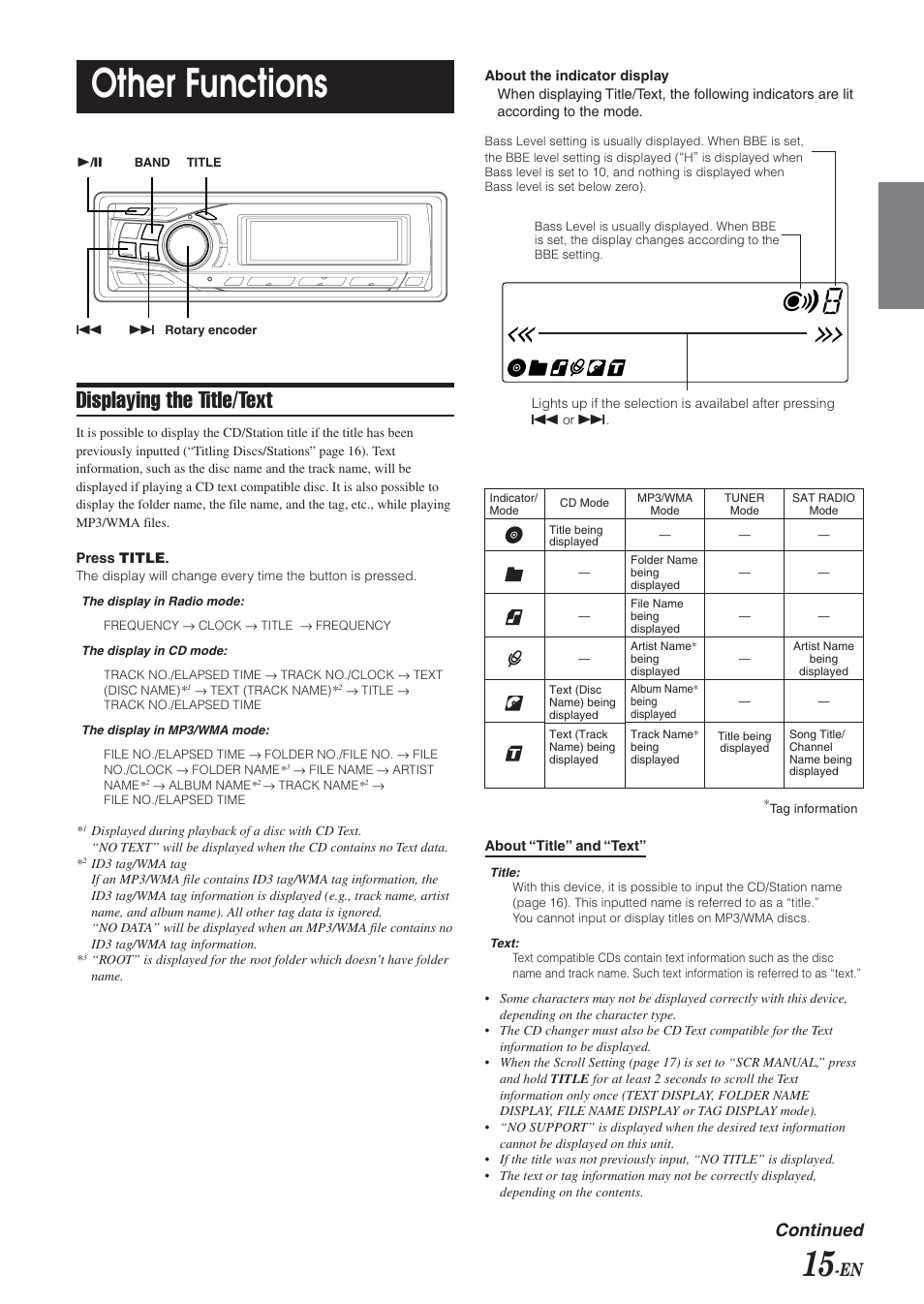 Other functions, Displaying the title/text, Continued | Alpine CDA-9851 User Manual | Page 16 / 103