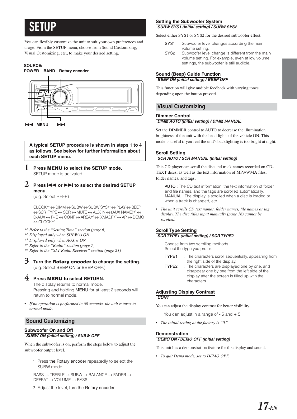 Setup, Sound customizing, Visual customizing | Alpine CDA-9851 User Manual | Page 18 / 103