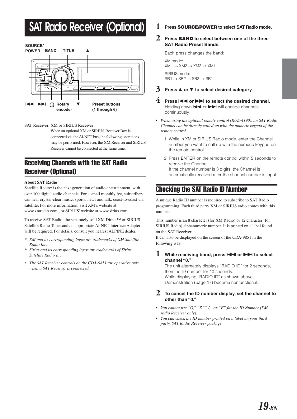 Sat radio receiver (optional), Checking the sat radio id number | Alpine CDA-9851 User Manual | Page 20 / 103