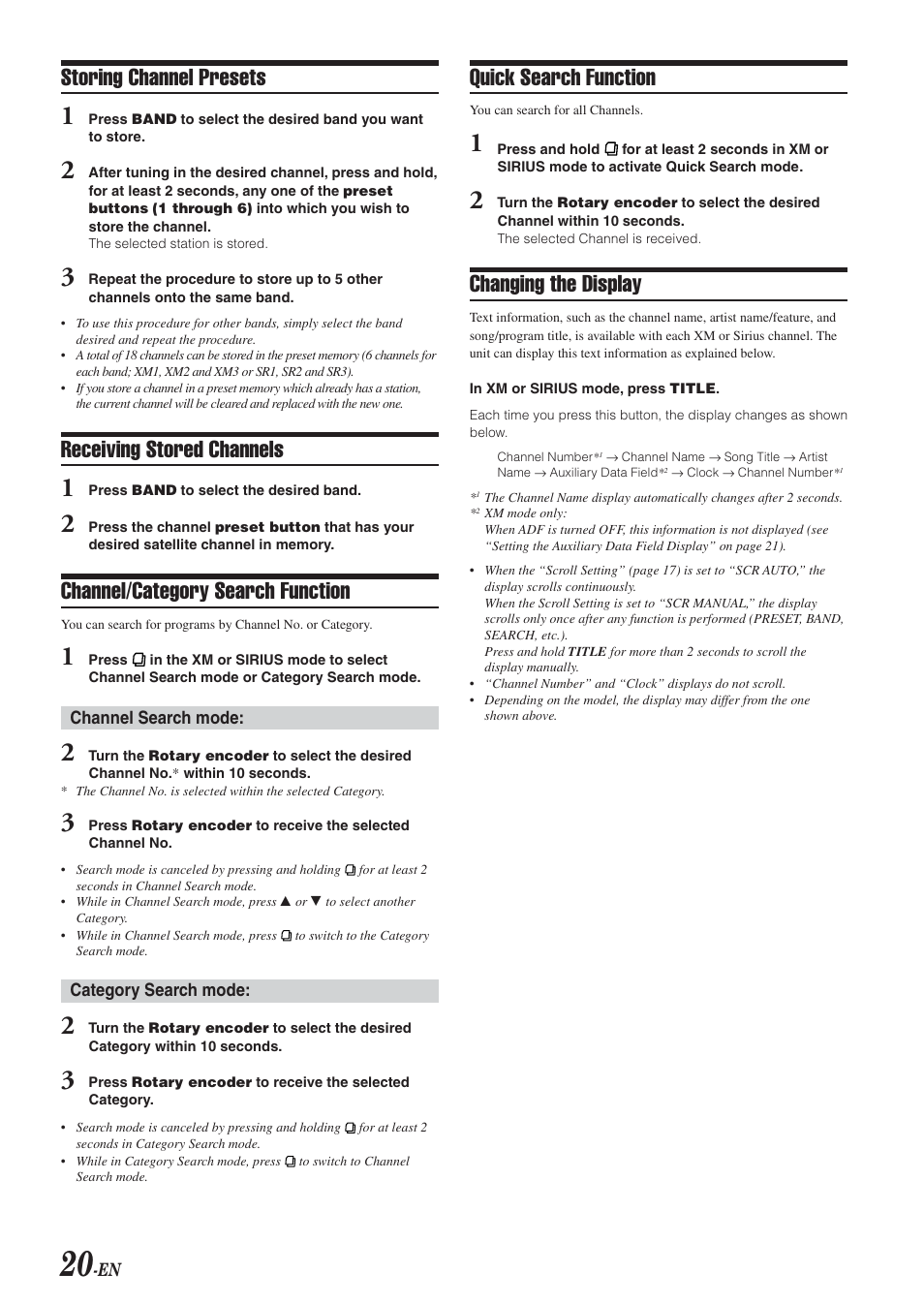 Storing channel presets, Receiving stored channels, Channel/category search function | Quick search function, Changing the display | Alpine CDA-9851 User Manual | Page 21 / 103