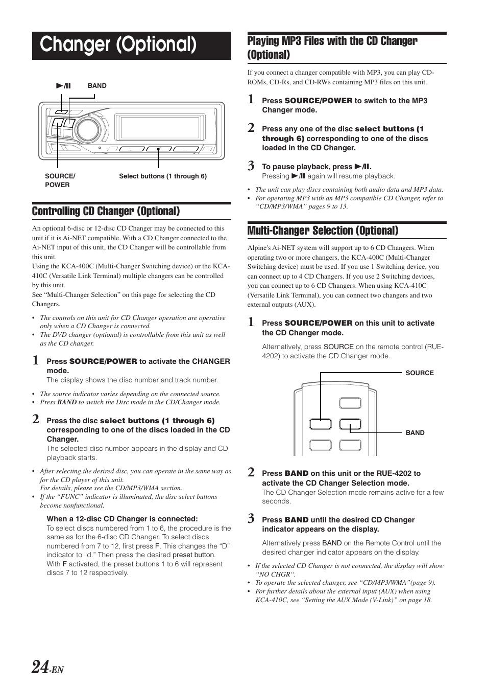 Changer (optional), Controlling cd changer (optional), Playing mp3 files with the cd changer (optional) | Multi-changer selection (optional) | Alpine CDA-9851 User Manual | Page 25 / 103