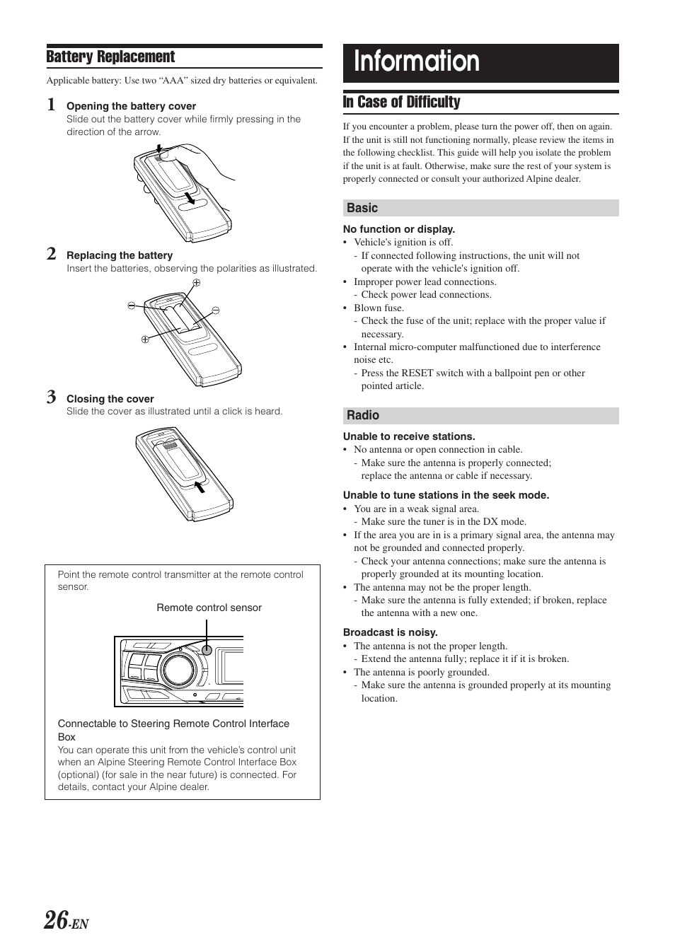 Information, Battery replacement | Alpine CDA-9851 User Manual | Page 27 / 103