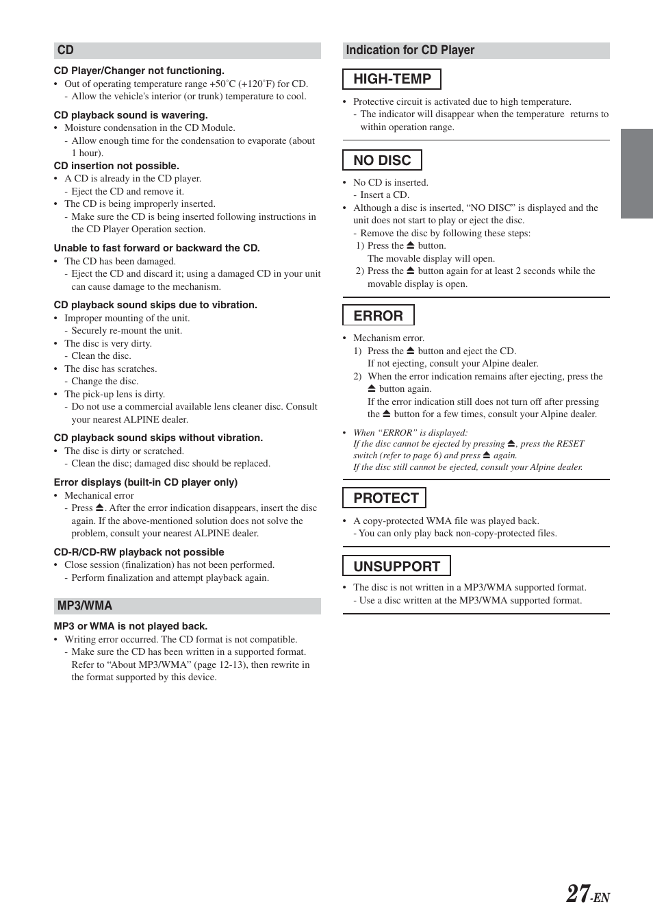 High-temp, No disc, Error | Protect, Unsupport | Alpine CDA-9851 User Manual | Page 28 / 103