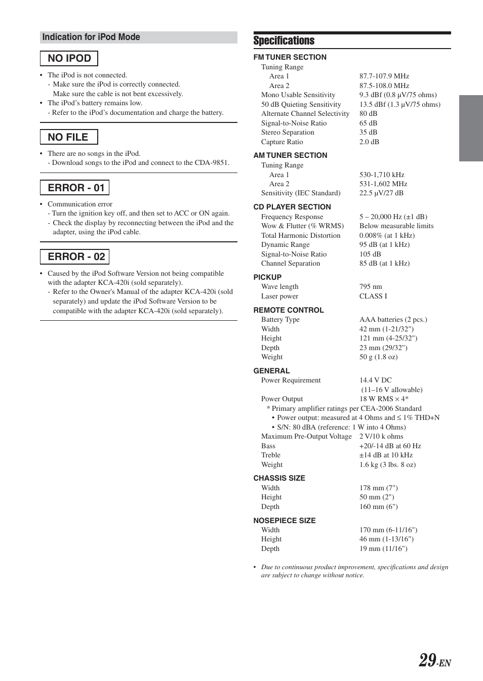 Specifications, No ipod, No file | Error - 01, Error - 02 | Alpine CDA-9851 User Manual | Page 30 / 103
