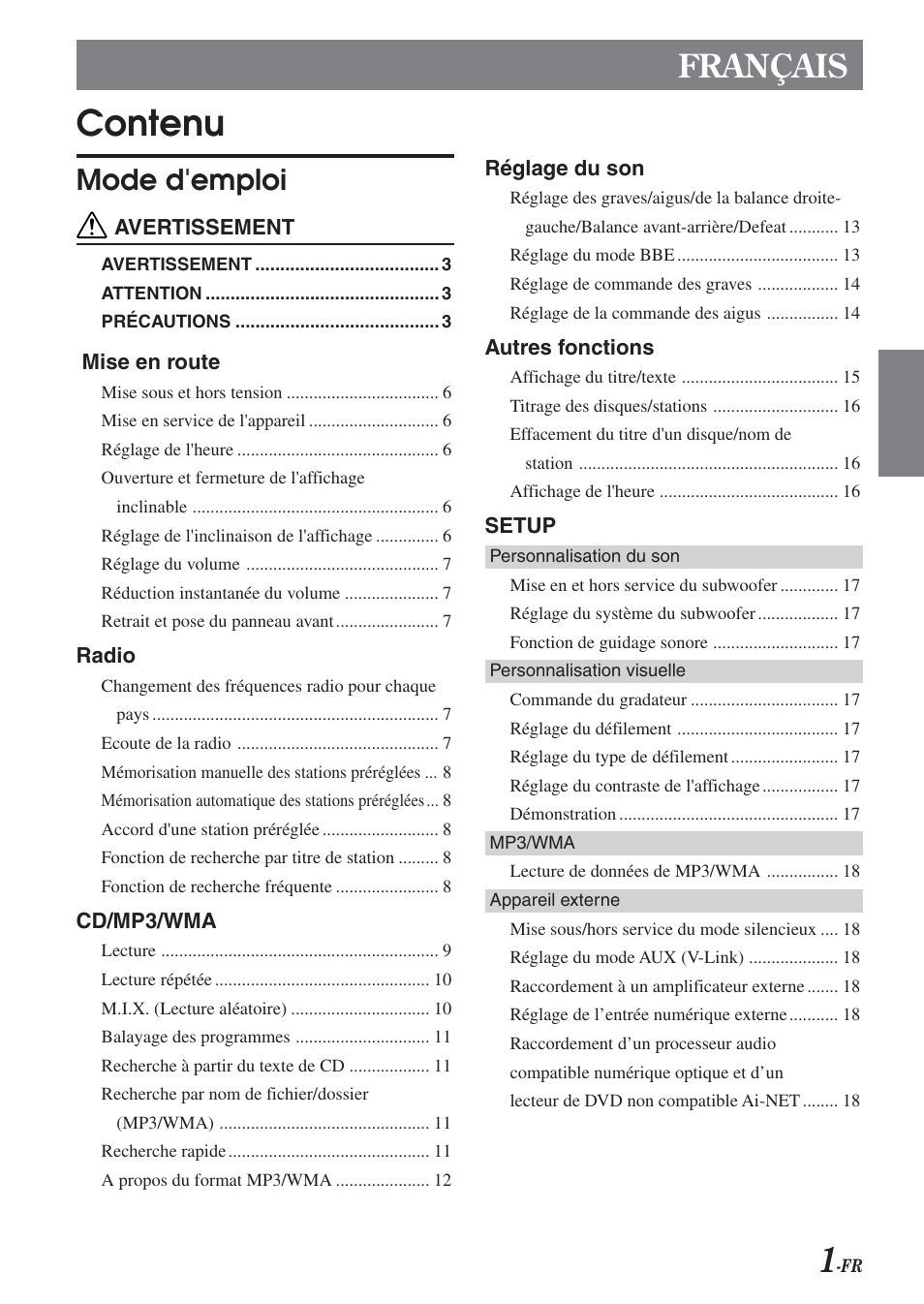 Contenu, Français, Mode d'emploi | Alpine CDA-9851 User Manual | Page 37 / 103
