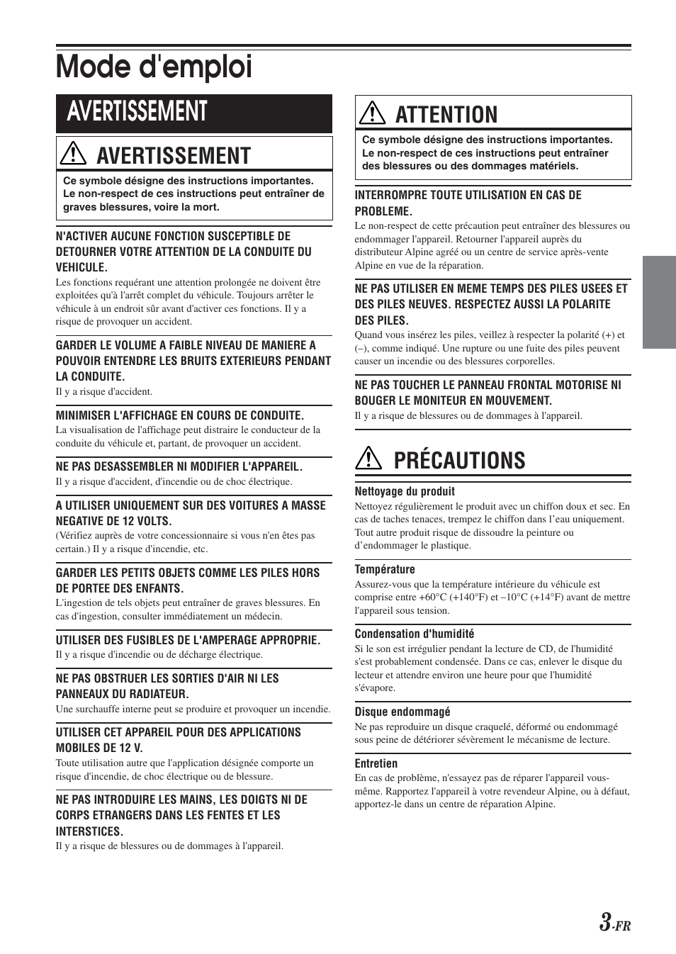 Mode d'emploi, Avertissement, Attention | Précautions | Alpine CDA-9851 User Manual | Page 39 / 103