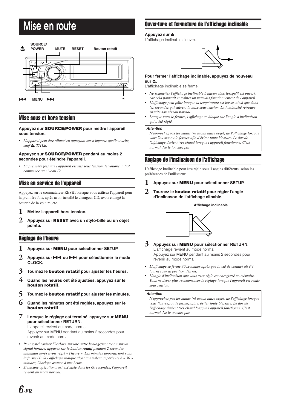 Mise en route, Mise sous et hors tension, Mise en service de l'appareil | Réglage de l'heure, Ouverture et fermeture de l'affichage inclinable, Réglage de l'inclinaison de l'affichage | Alpine CDA-9851 User Manual | Page 42 / 103