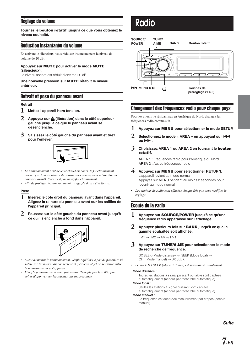 Radio, Réglage du volume, Réduction instantanée du volume | Retrait et pose du panneau avant, Changement des fréquences radio pour chaque pays, Ecoute de la radio | Alpine CDA-9851 User Manual | Page 43 / 103