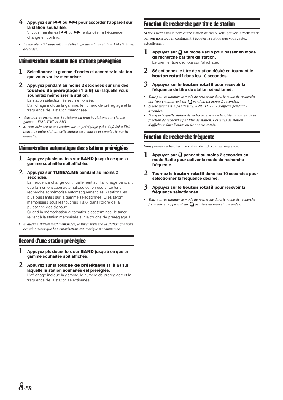 Mémorisation manuelle des stations préréglées, Mémorisation automatique des stations préréglées, Accord d'une station préréglée | Fonction de recherche par titre de station, Fonction de recherche fréquente | Alpine CDA-9851 User Manual | Page 44 / 103