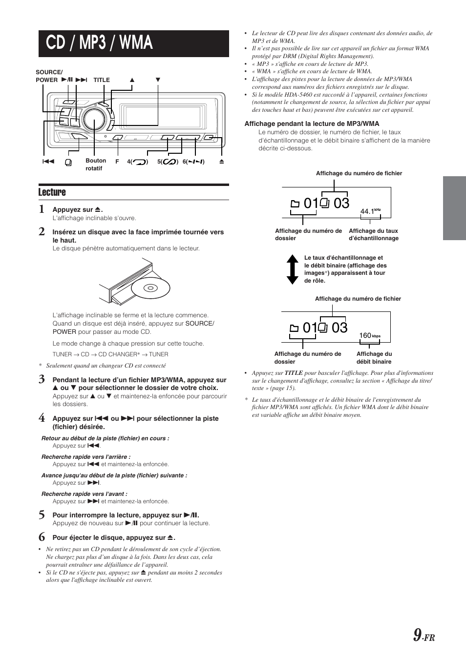 Cd / mp3 / wma, Lecture | Alpine CDA-9851 User Manual | Page 45 / 103