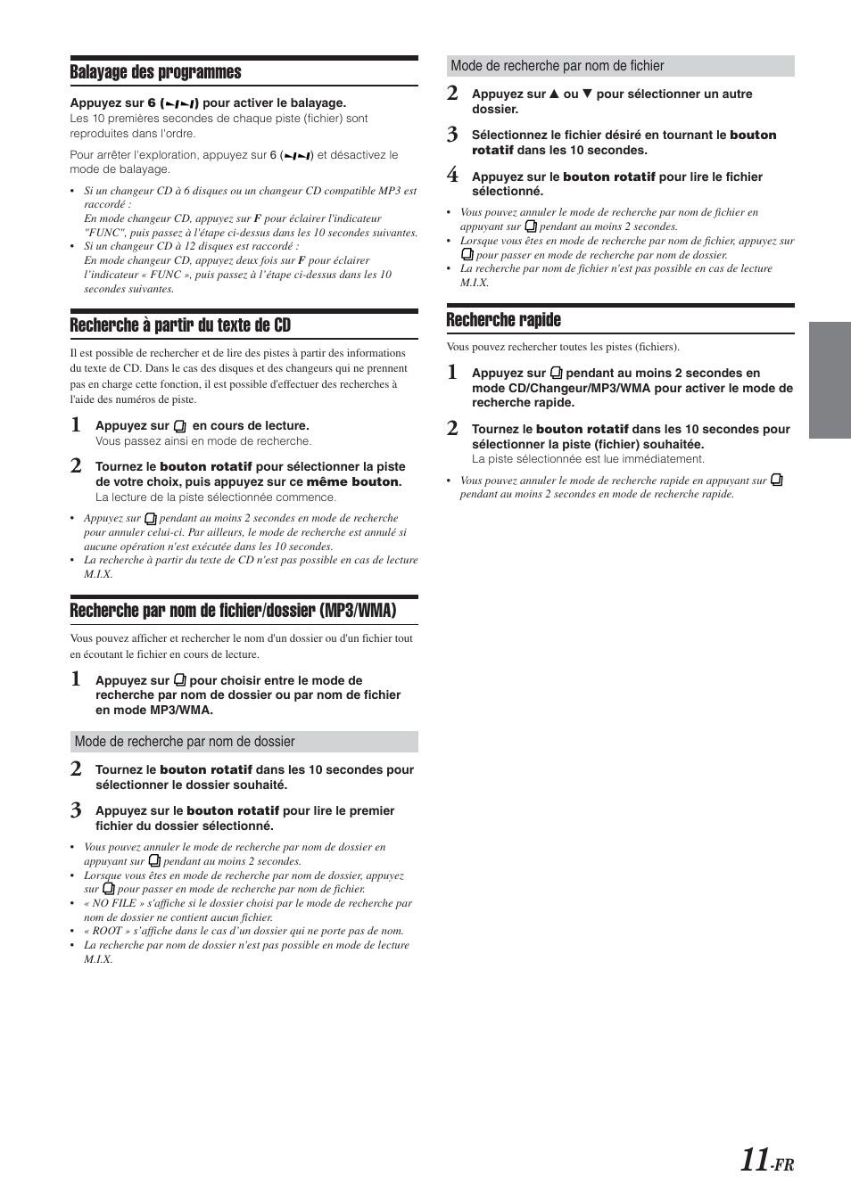 Recherche rapide, Balayage des programmes, Recherche à partir du texte de cd | Recherche par nom de fichier/dossier (mp3/wma) | Alpine CDA-9851 User Manual | Page 47 / 103