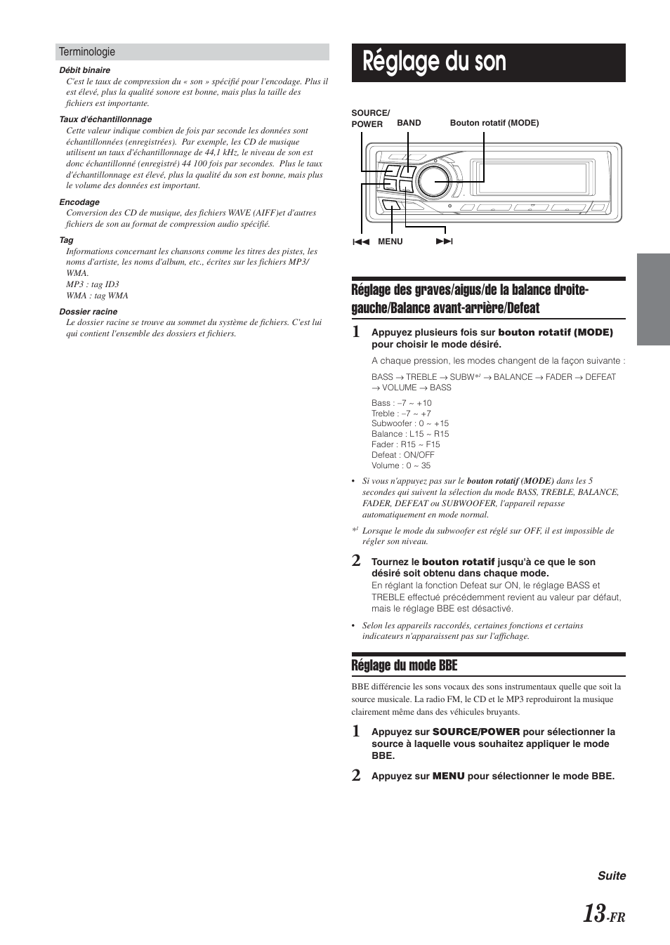 Réglage du son, Réglage du mode bbe | Alpine CDA-9851 User Manual | Page 49 / 103