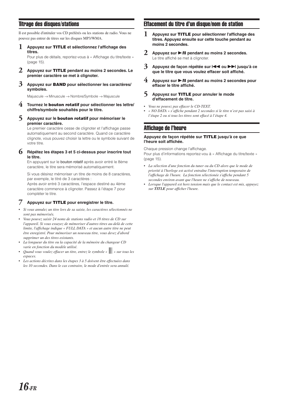 Titrage des disques/stations, Effacement du titre d'un disque/nom de station, Affichage de l'heure | Alpine CDA-9851 User Manual | Page 52 / 103