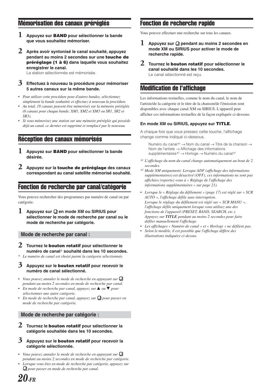 Mémorisation des canaux préréglés, Réception des canaux mémorisés, Fonction de recherche par canal/catégorie | Fonction de recherche rapide, Modification de l'affichage | Alpine CDA-9851 User Manual | Page 56 / 103