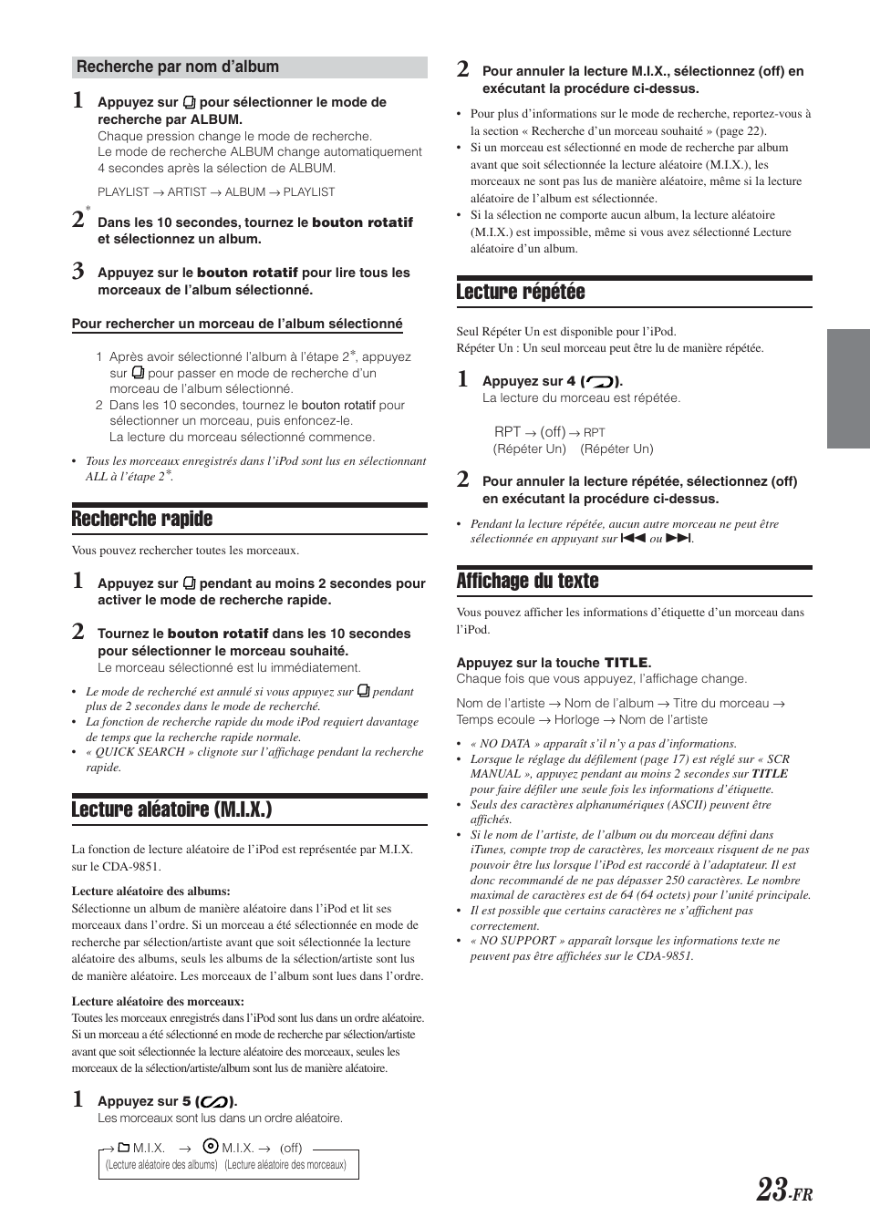 Recherche rapide, Lecture aléatoire (m.i.x.), Lecture répétée | Affichage du texte | Alpine CDA-9851 User Manual | Page 59 / 103