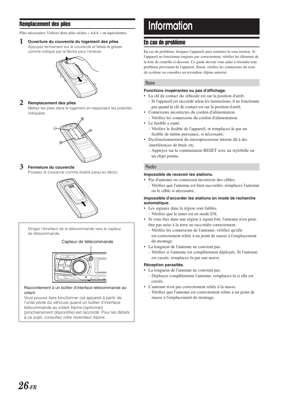 Information, Remplacement des piles, En cas de problème | Alpine CDA-9851 User Manual | Page 62 / 103