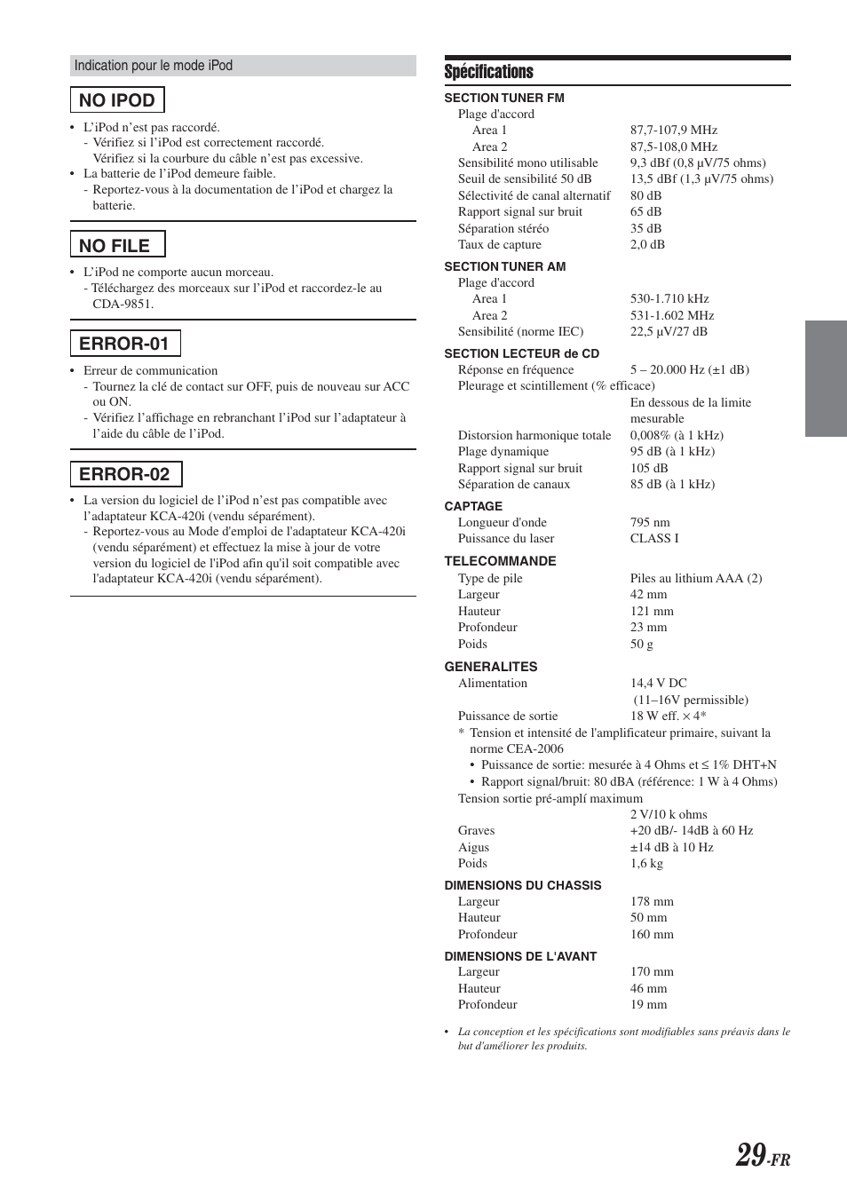 Spécifications, No ipod, No file | Error-01, Error-02 | Alpine CDA-9851 User Manual | Page 65 / 103