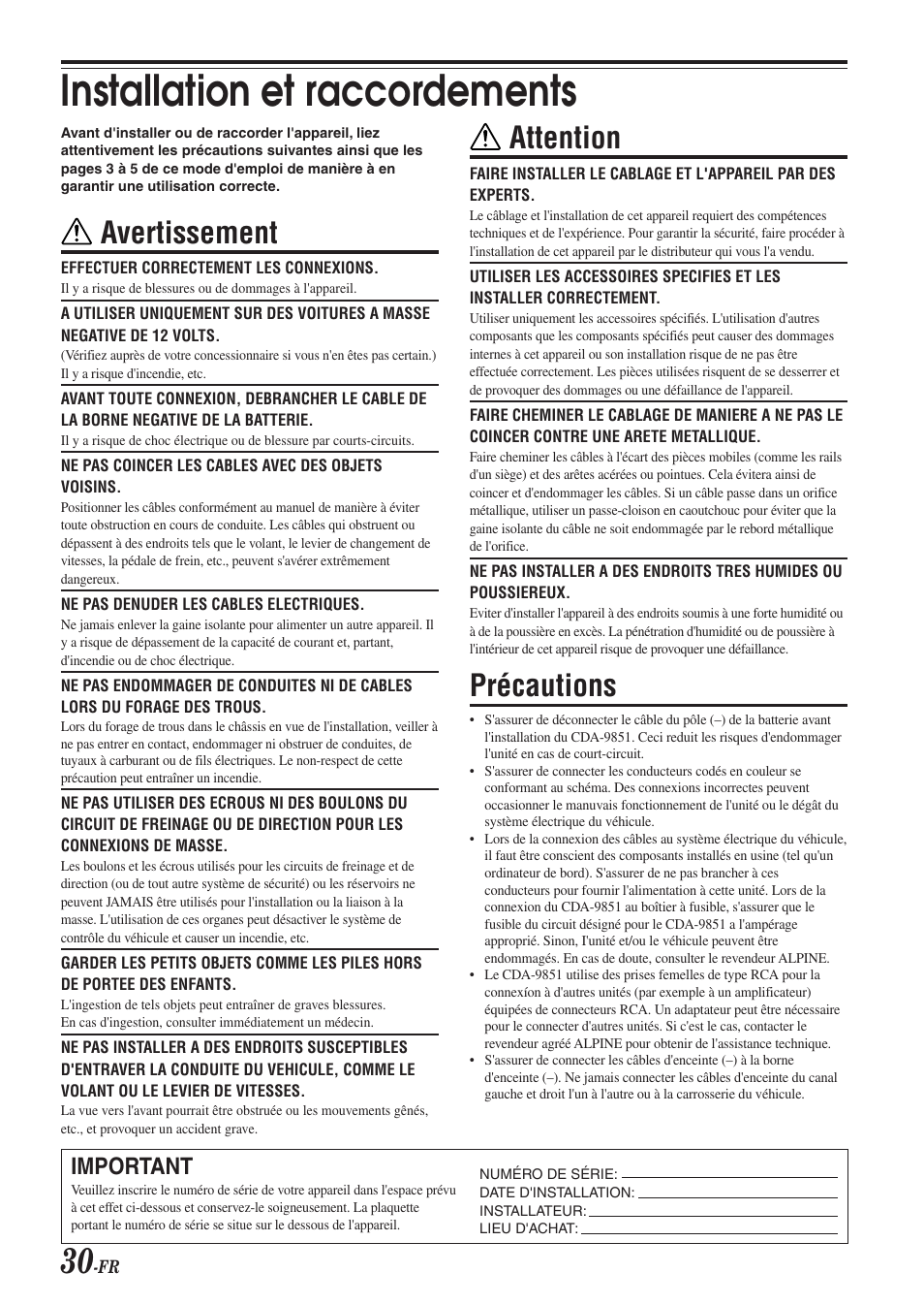 Installation et raccordements, Avertissement, Attention | Précautions, Important | Alpine CDA-9851 User Manual | Page 66 / 103
