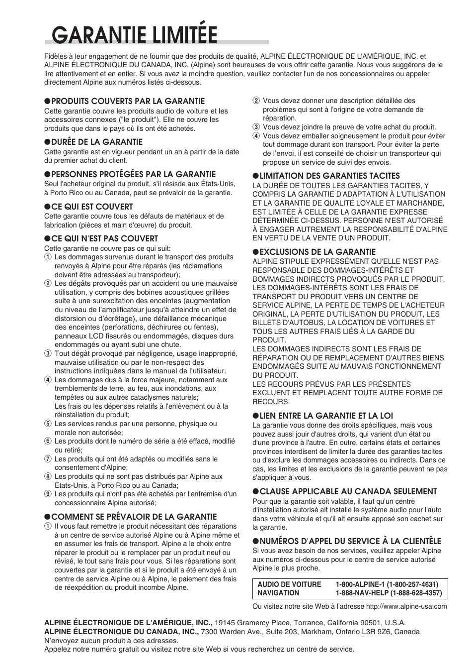 Garantie limitée | Alpine CDA-9851 User Manual | Page 70 / 103