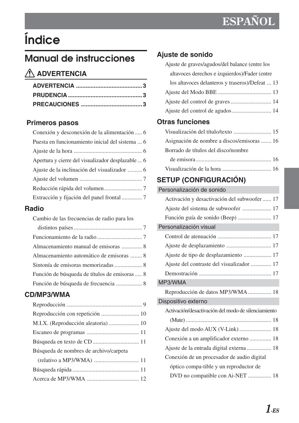 Índice, Español, Manual de instrucciones | Alpine CDA-9851 User Manual | Page 71 / 103