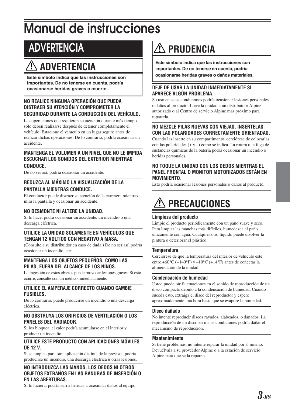 Manual de instrucciones, Advertencia, Prudencia | Precauciones | Alpine CDA-9851 User Manual | Page 73 / 103