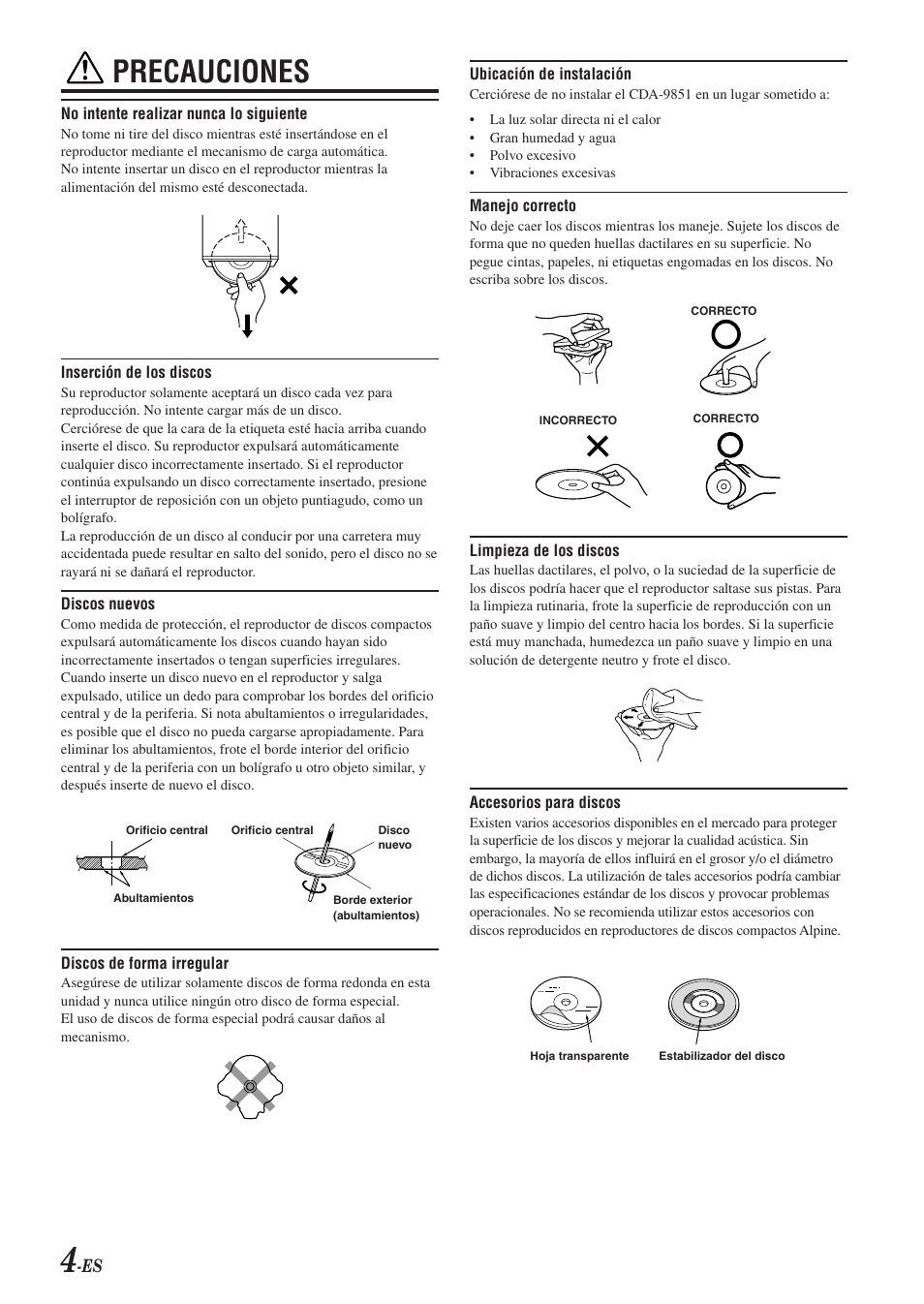 Precauciones | Alpine CDA-9851 User Manual | Page 74 / 103