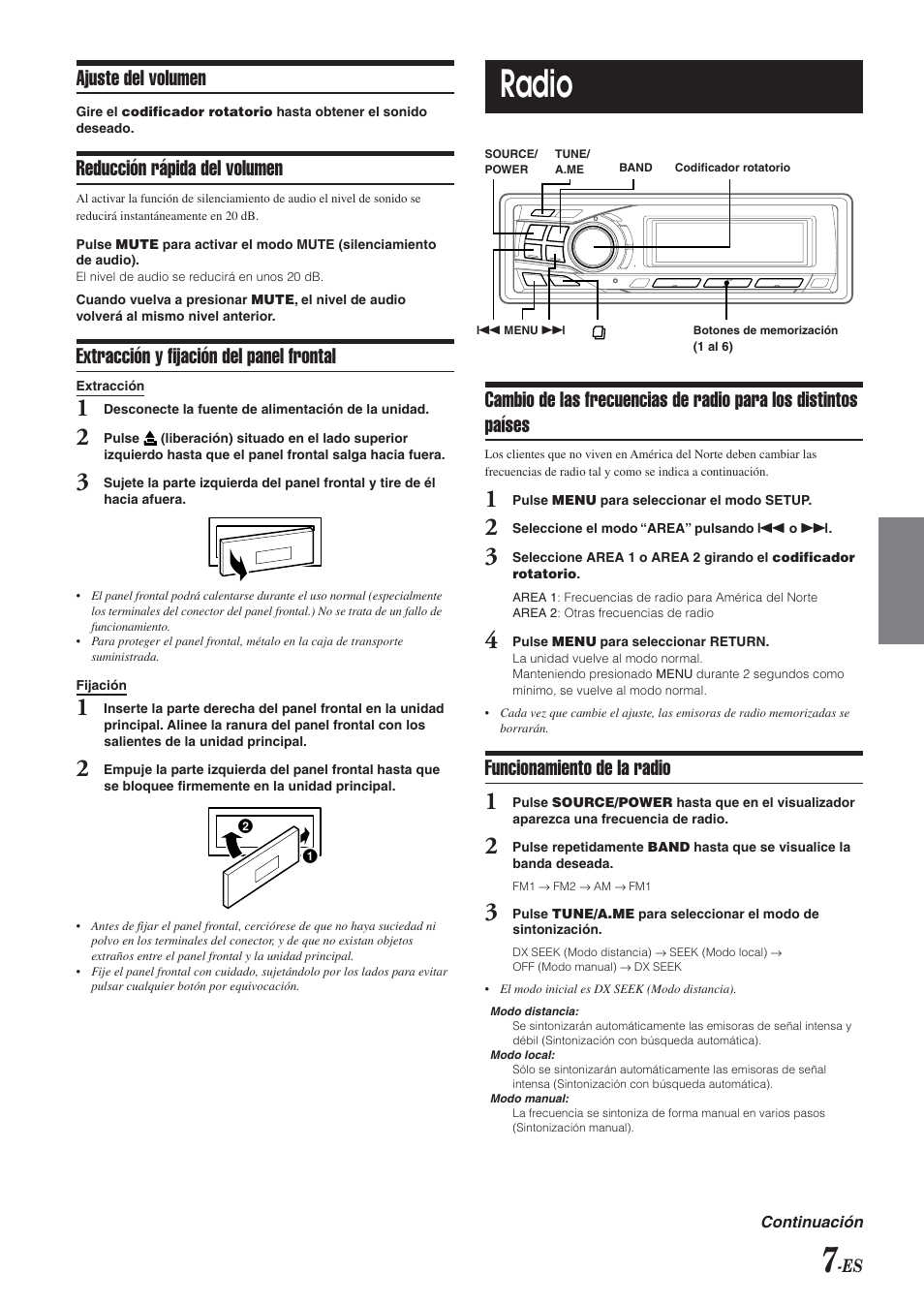 Radio, Ajuste del volumen, Reducción rápida del volumen | Extracción y fijación del panel frontal, Funcionamiento de la radio | Alpine CDA-9851 User Manual | Page 77 / 103